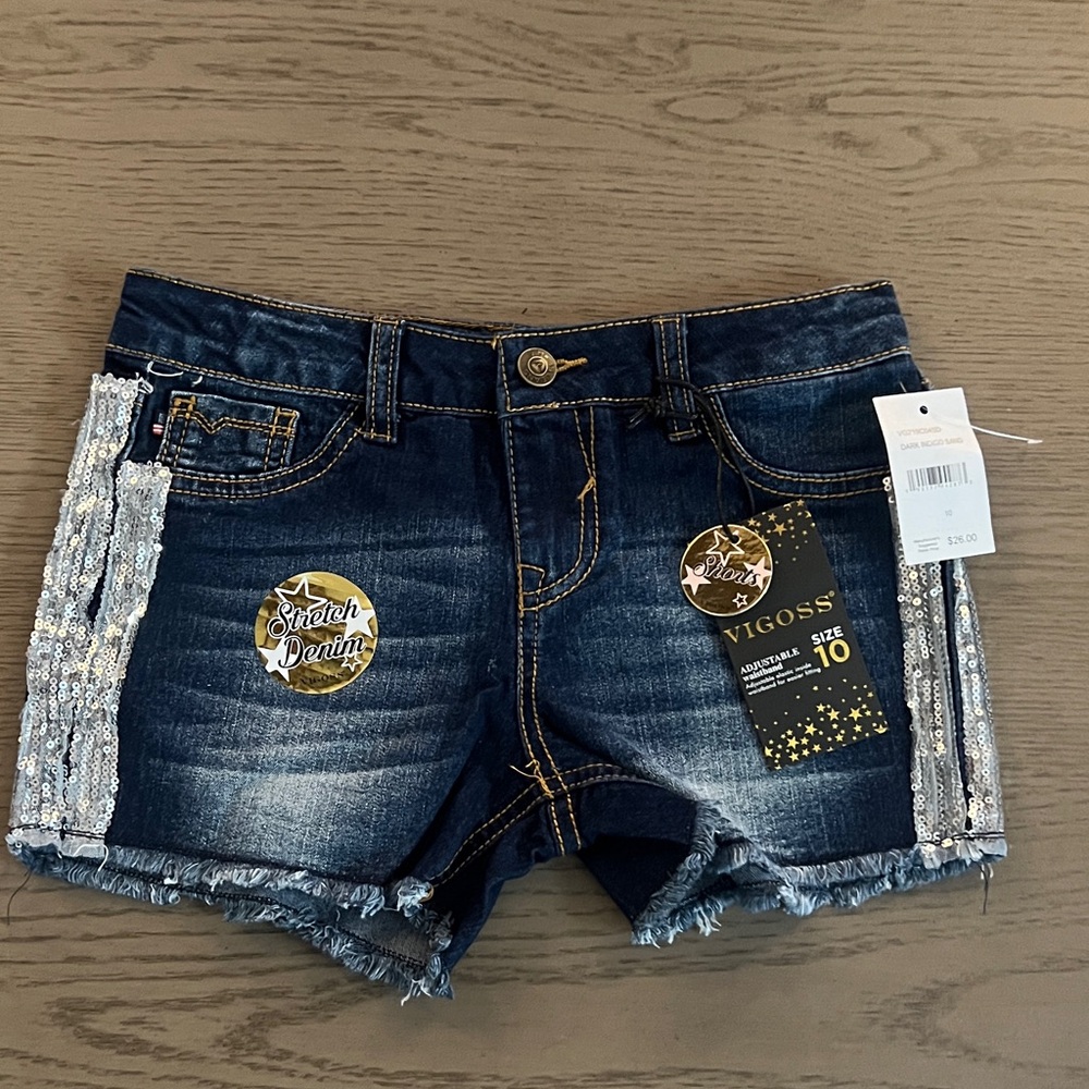 VIGOSA Dark Blue Denim Shorts with Silver Sequin Accents